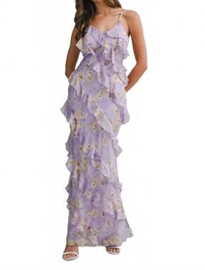 NEW MABLE floral print asymmetrical tiered ruffled maxi dress in purple